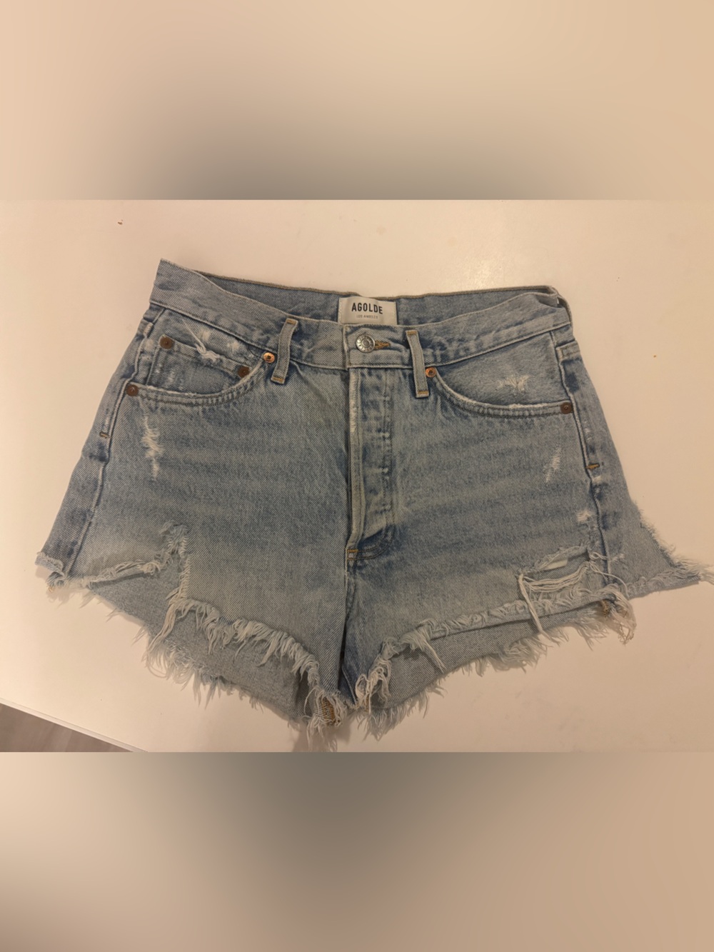 Agolde Light Blue Distressed Denim Cutoff Shorts